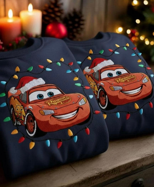 Red Christmas car with lights crewneck